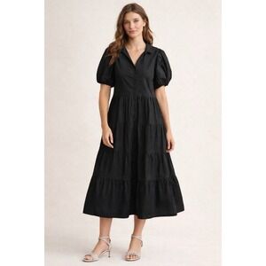 Sundance Black Tiered Layered Maxi Dress Womens M Button Front Cottagecore Boho